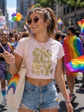 Light Pink Cropped “Equality” Graphic Tee M Gold Foil Retro Feminine Soft Girl C